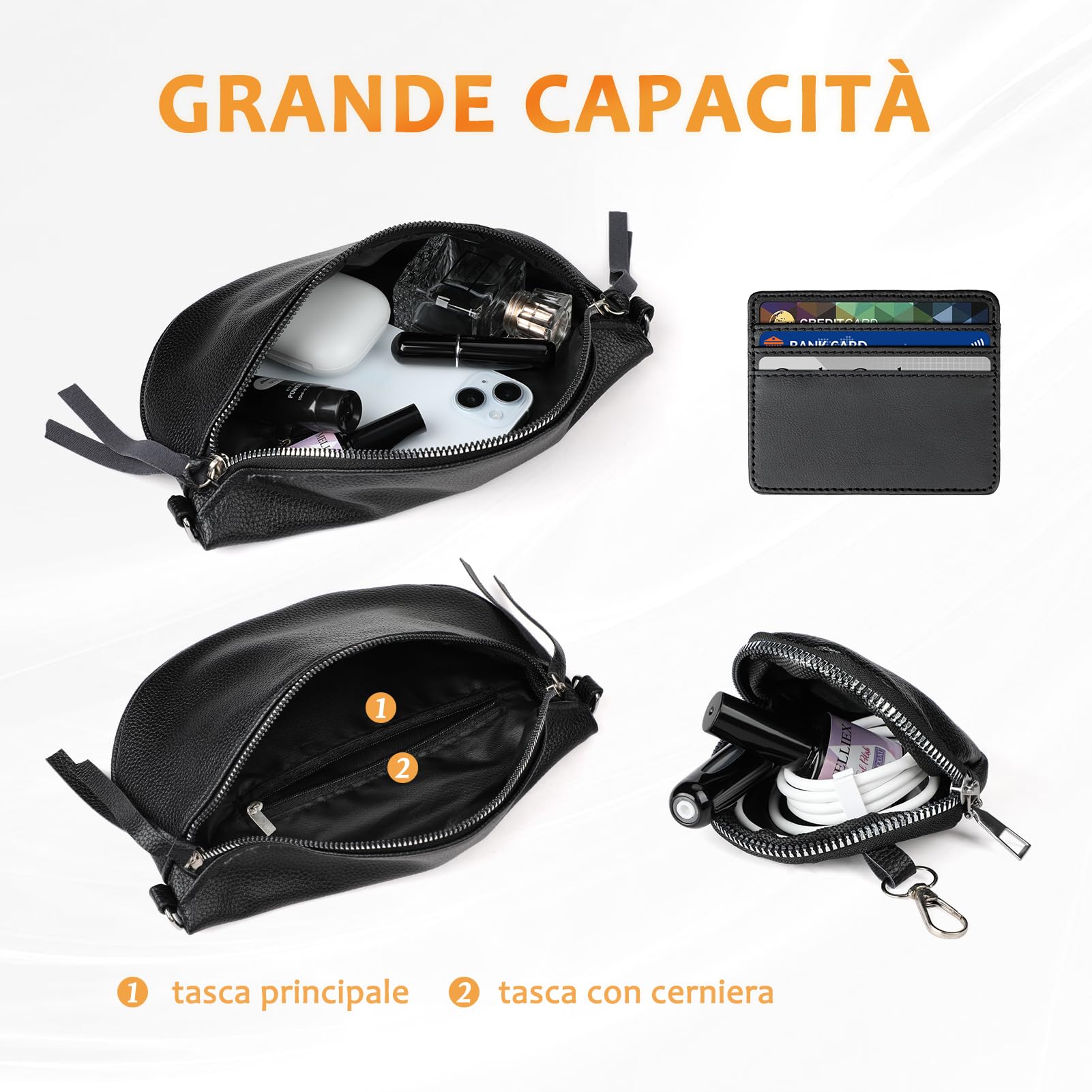 Kiiwah Marsupio Donna Elegante Pelle PU, Borsa a Tracolla di Medie Dimensioni Nero Tracolla Larga con 2 Rimovibile Spallacci