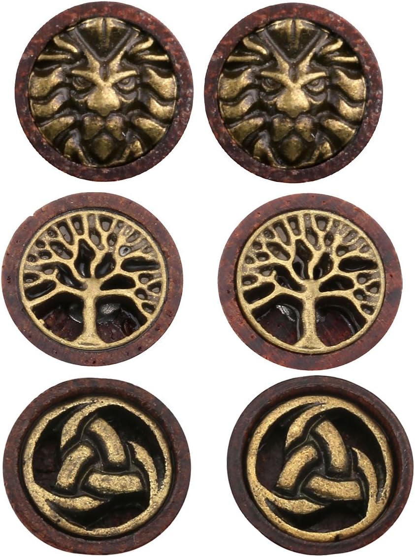 Jovivi 3pairs Organic Sono Wood Lion Head/Tree of Life Cheater Fake Ear Plugs Gauges 10mm Illusion Screw Stud Earrings for Women Men