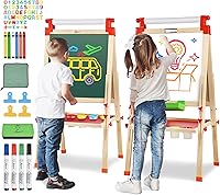 Joyooss Kids Wooden Art Easel - Adjustable Magnetic Double-Sided Whiteboard & Chalkboard with Paper Roll for Ages 3-12
