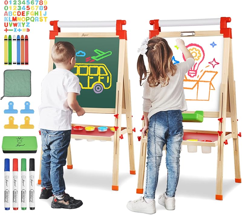 Caballete de madera para niños con rollo de papel, tablero de dibujo magnético ajustable de doble cara, pizarra blanca y pizarra, caballete seco, caballete de arte para niños de 3 a 12 años, niños, niñas, pintura, dibujo
