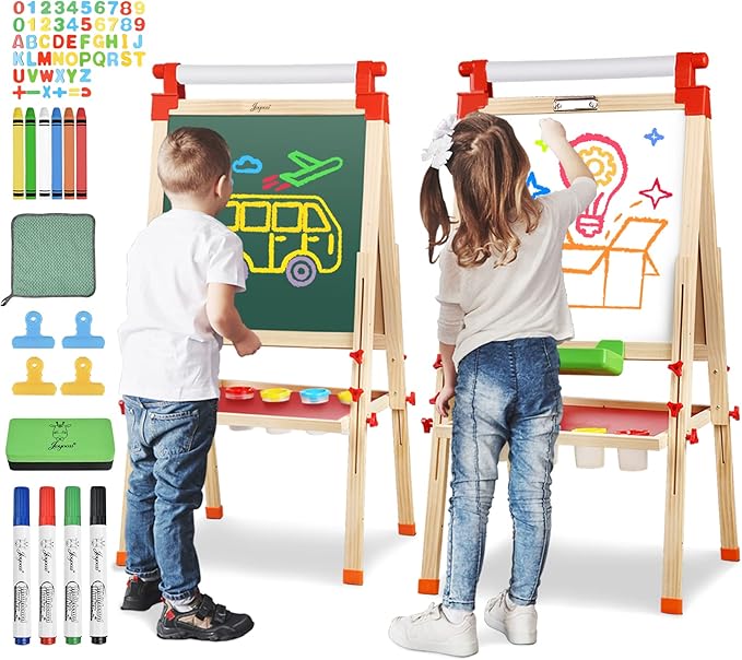 joyooss kids wooden easel with paper roll - adjustable magnetic double sided drawing board whiteboard & chalkboard dry easel board,children art easel for 3~12 years kids boys girls painting drawing kids easel w red tray