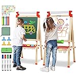 JOYOOSS Kids Wooden Easel with Paper Roll - Adjustable Magnetic Double Sided Drawing Board Whiteboard & Chalkboard Dry Easel Board,Children Art Easel for 3~12 Years Kids Boys Girls Painting Drawing