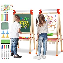 JOYOOSS Kids Wooden Easel with Paper Roll - Adjustable Magnetic Double Sided Drawing Board Whiteboard & Chalkboard Dry Easel Board,Children Art Easel for 3~12 Years Kids Boys Girls Painting Drawing