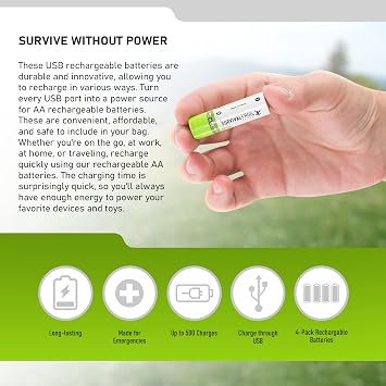 Survival Frog EasyPower USB AA Rechargeable Batteries -1.2V/1450 mAh Long Lasting Double A USB Co. - (4 Pack)