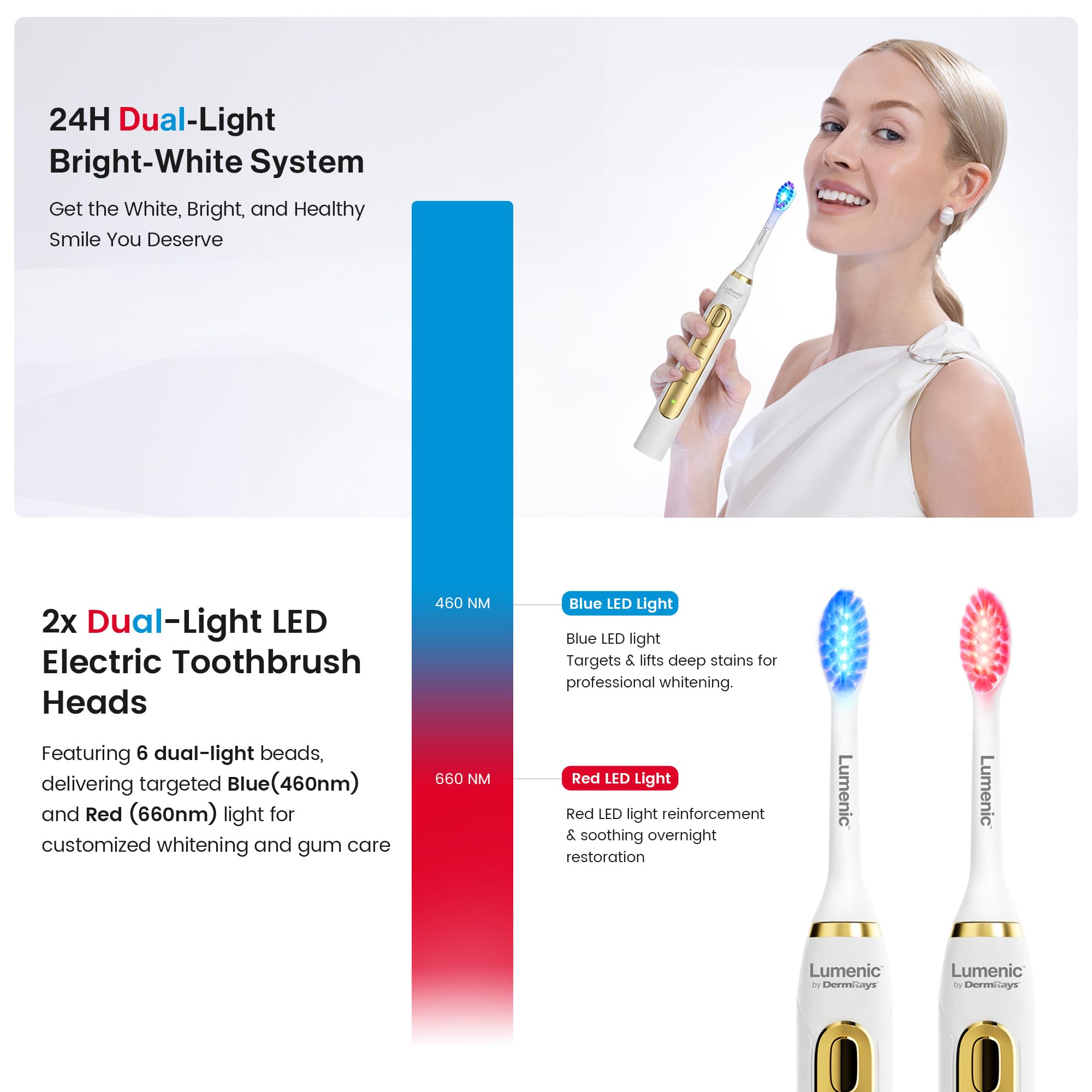 DermRays Lumenic Dual-Light Schallzahnbürste, Rot & Blau LED für Zahnfleischpflege & Aufhellung, 4 Modi, USB aufladbar, mit Tag & Nacht Zahnpasta, Gold