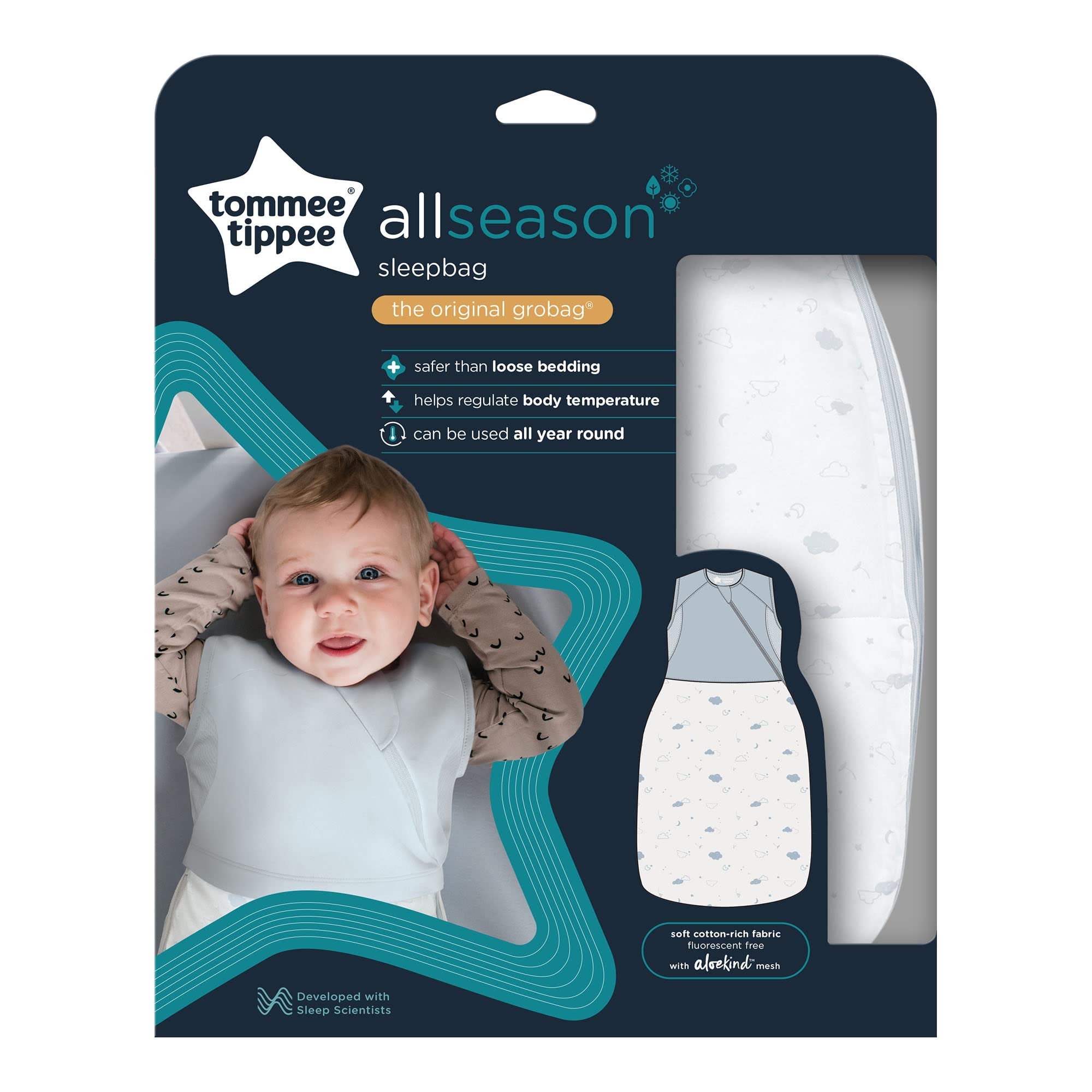 Tommee Tippee Ganzjahresschlafsack, das Original Grobag, Doppelter TOG-Wert, Hüftgesundes Design, Weicher, Baumwollreicher Jersey und mit Aloe Angereichertes Netzgewebe, 0-6 m 491628 Grey