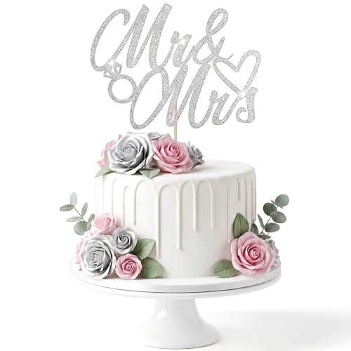 Mr & Mrs Cake Topper for Wedding, Silver Glitter Engagement