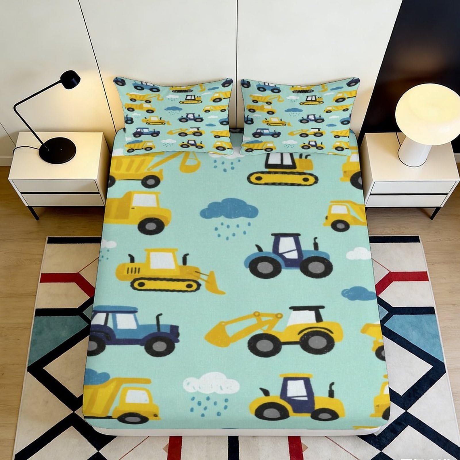 3D Printed Construction Vehicles Fitted Sheet Microfiber Soft Yellow Blue Tractor Bed Cover for Bedroom Dorm Decor 90x200x25cm