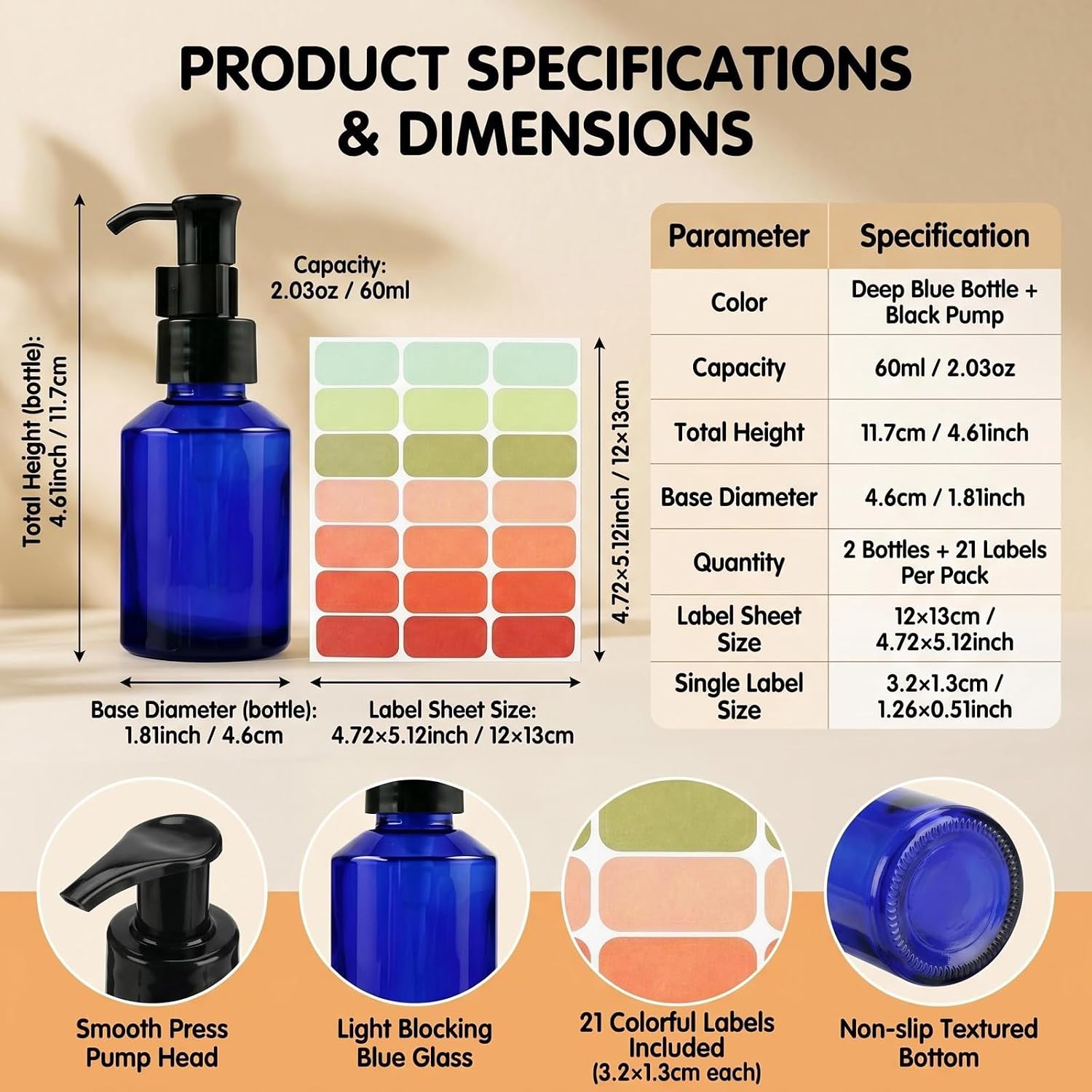 2Pcs 60ml Blue Glass Lotion Pump Bottles with Clip Lock & Sticker image 2