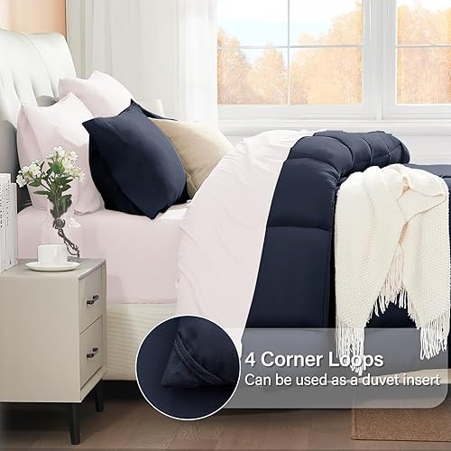 Miniatura 4 de SunStyle Home Juego de Edredón Queen Azul Marino, 3 Piezas Edredones Ligeros Tamaño Queen Sólido con Costuras en Caja Juegos de Ropa de Cama, Suave