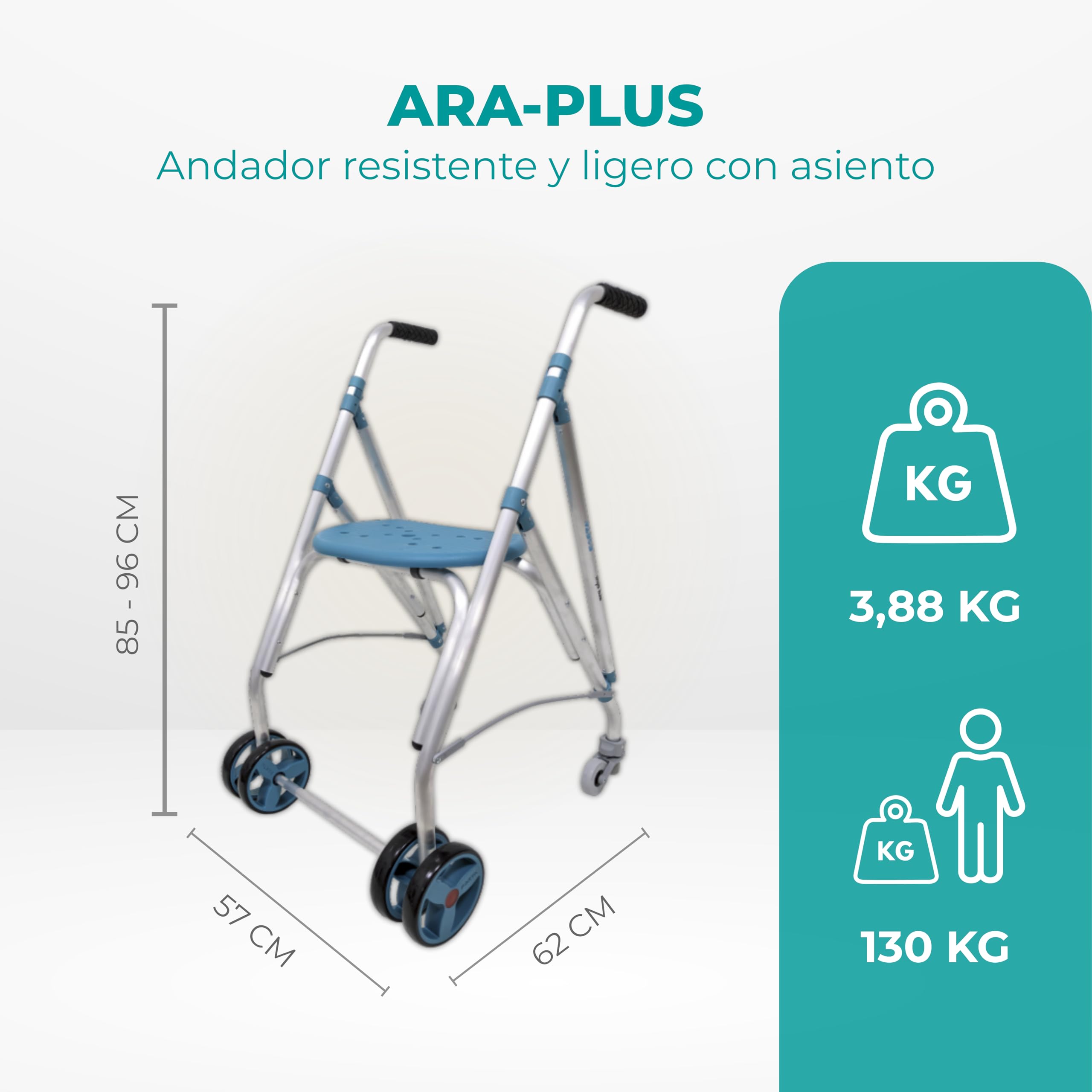 Forta Ara Plus Lekki składany chodzik dla seniorów z siedzeniem, regulowana wysokość, hamulec ciśnieniowy, nośność 130 kg szmaragd
