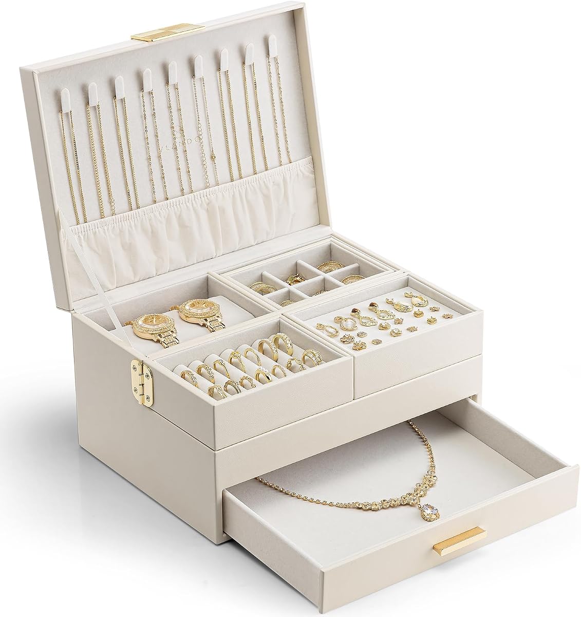 VLANDO Joyero de 3 capas – Joyero para mujer con bandeja retráctil – Organizadores de joyas con cajón para collares, anillos, pulseras, pendientes, regalo de San Valentín para mamá y niñas – Blanco nube