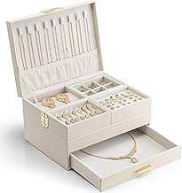 Vlando 3 Layer Jewelry Box - Women Jewelry Box with Retractable Tray - Jewelry Organizers with Drawer for Necklaces, Rings, Bracelets, Earrings, Valentines Gift for Mom Girls - Cloud White