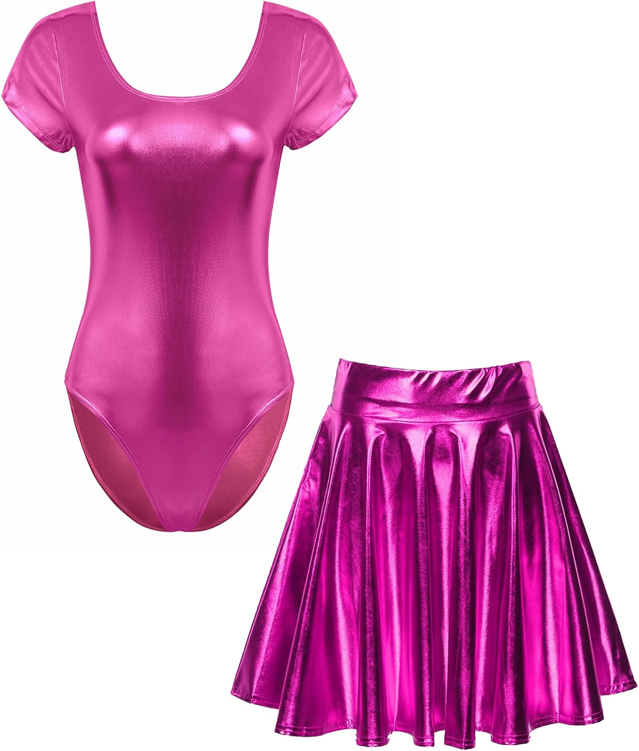 Vxuxlje Women's Shiny Metallic Rave Outfits Short Sleeve Bodysuit with High Waist Mini Skirts