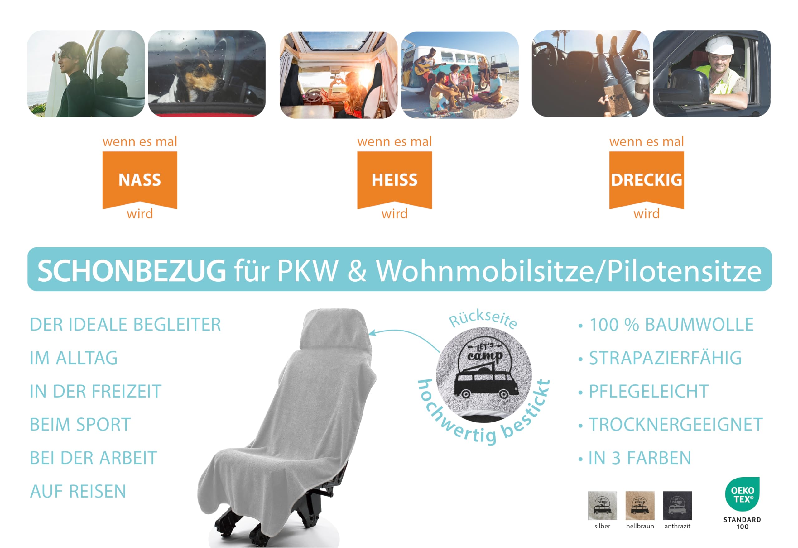 Castejo Schonbezug mit Stickung Let's Camp zum Schutz der Sitze im Wohnmobil & Auto (Silber/Lets Camp)