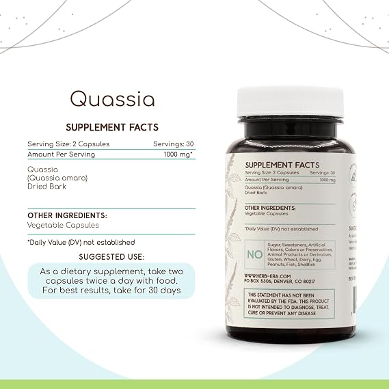 HerbEra Quassia Vegan Capsules Digestive & Bitters Support, Quassia Amara Dried Bark, Appetite Capsules, Herbal Supplement (60 Capsules)