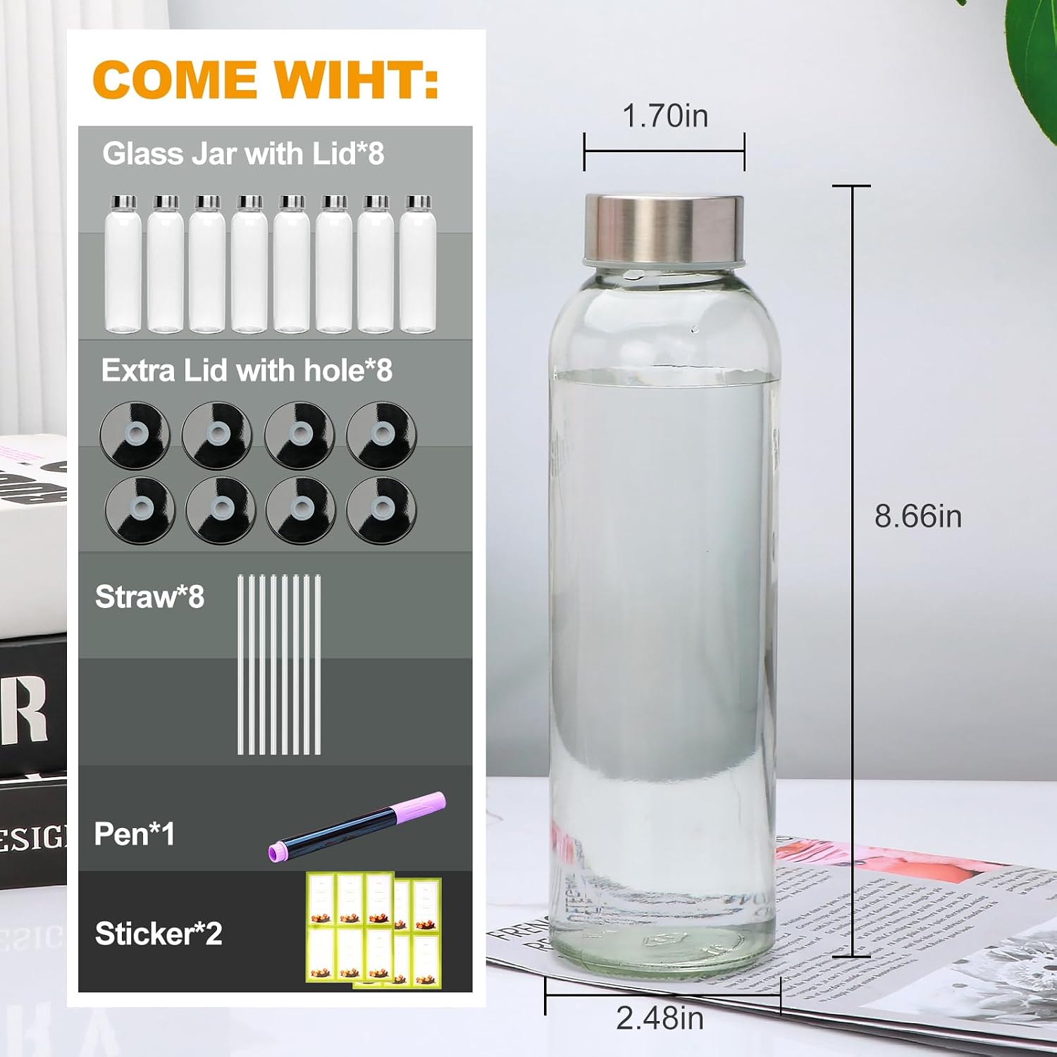 16oz glass bottles,reusable glass juice bottles with lids and straws,set of 8,clear glass water juicer containers with two-types of lid for beverage,smoothies,milk,iced coffee,tea,sauces glass bottles with lids and straws