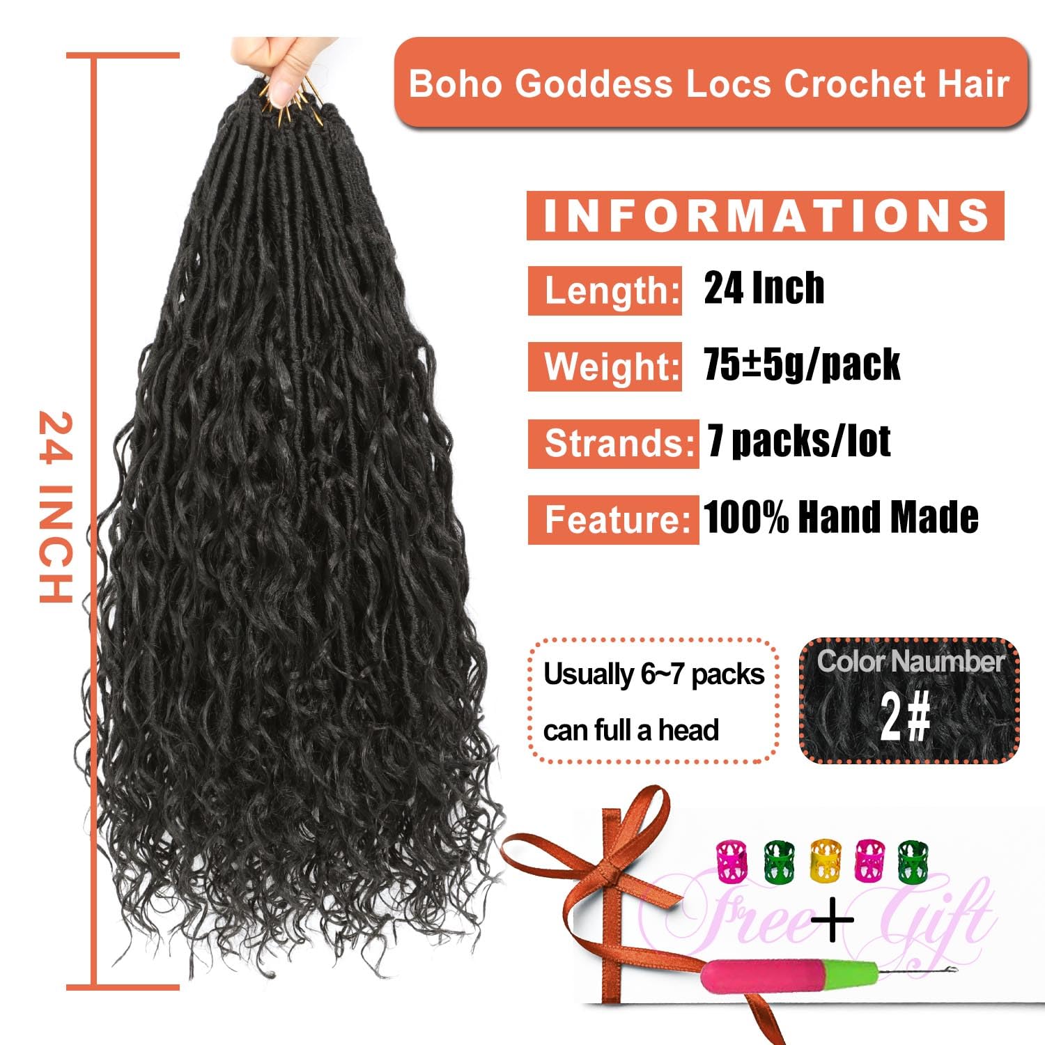 Goddess Locs Crochet Hair 7Packs Bohemian Goddess Faux Locs Crochet Hair Pre Looped Boho Soft Locs Synthetic Braids Hair Extensions for Women (2#, 24 Inch)