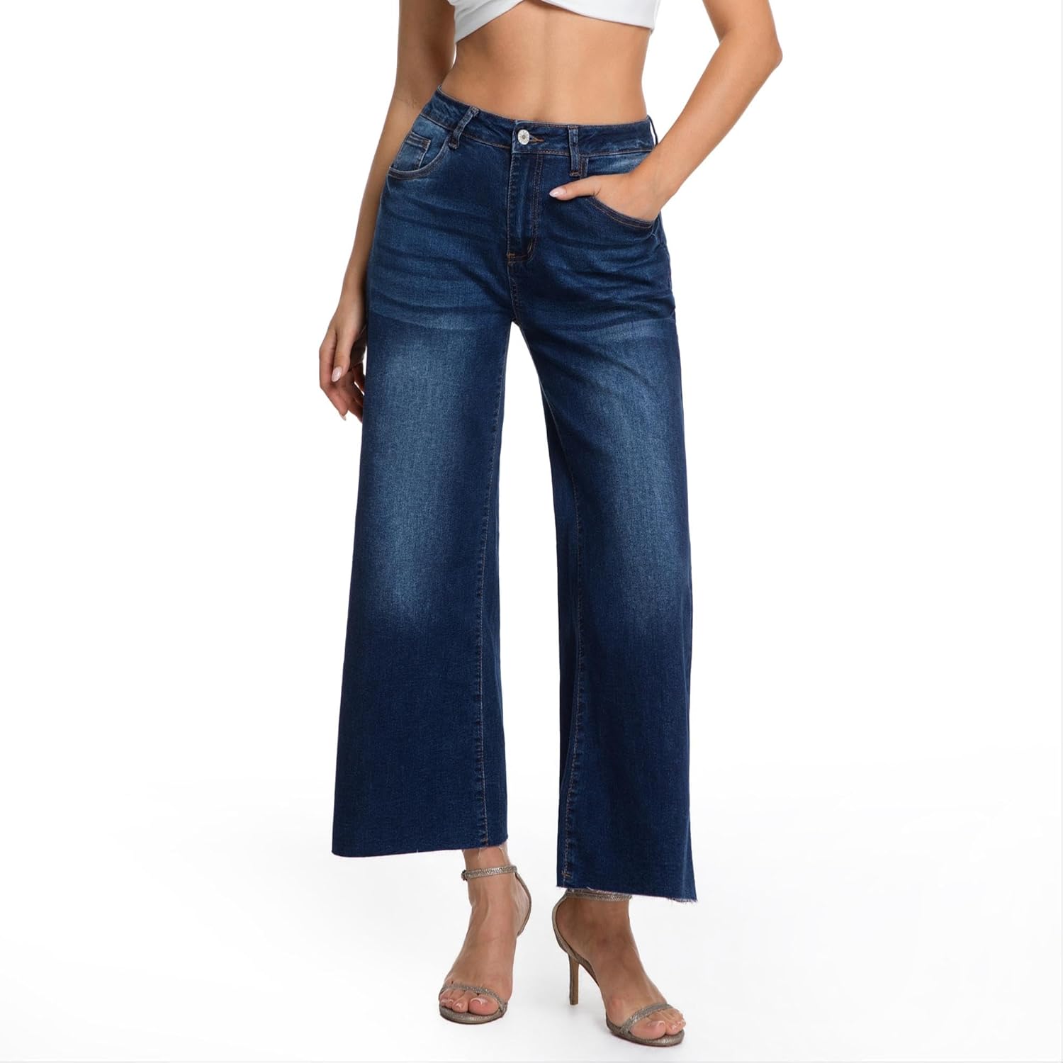 Women's Wide Leg Jeans High Waisted Stretch Loose Fit Denim Pants with Vintage Whisker Distressed Details