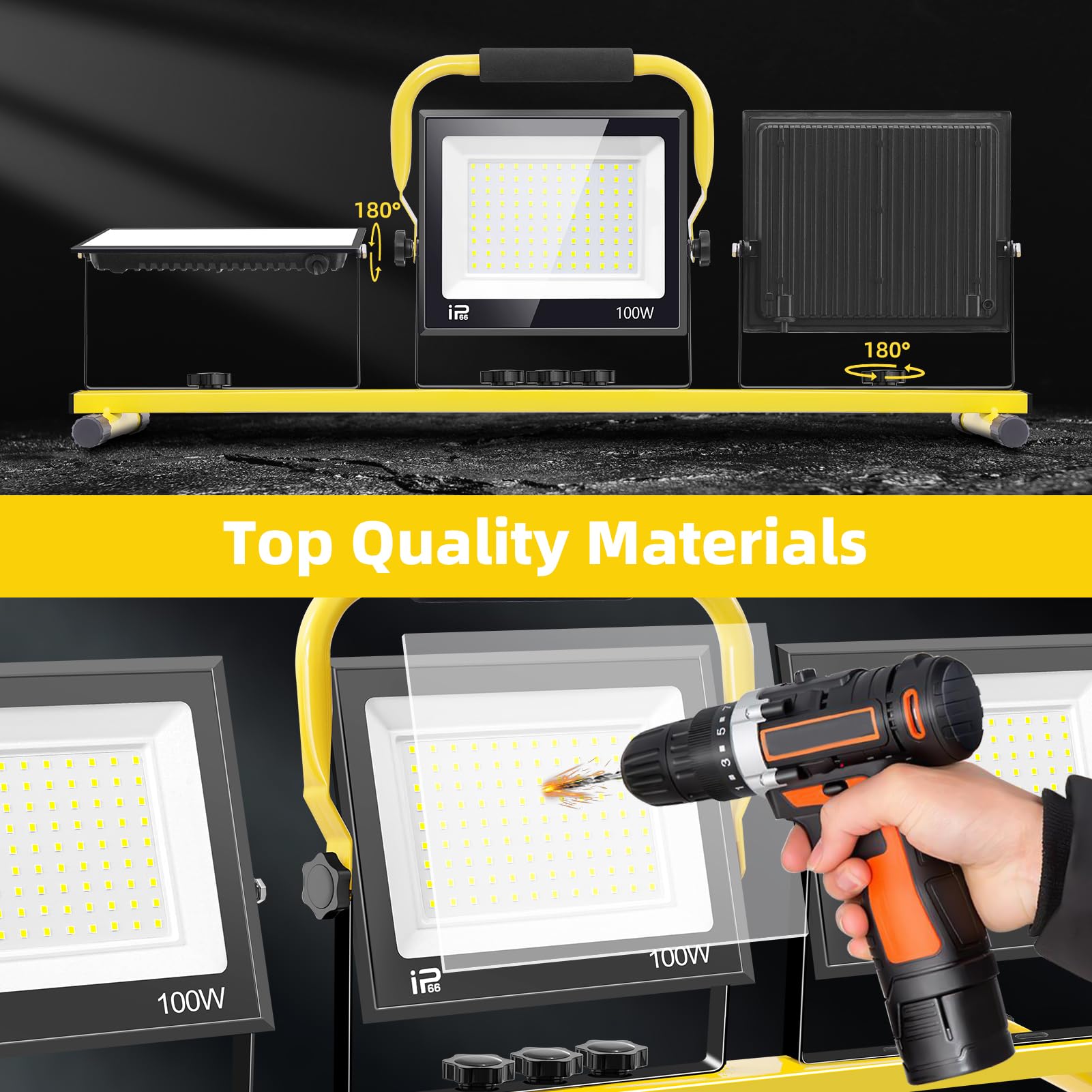 papasbox 300W LED Baustrahler mit Stativ Stecker und Schalter | Baustellenlampe 6500K Kaltweiß Baustellenstrahler | IP66 Wasserdicht Arbeitsleuchte 300W 150W 90W Baulampe für Werkstatt Baustelle