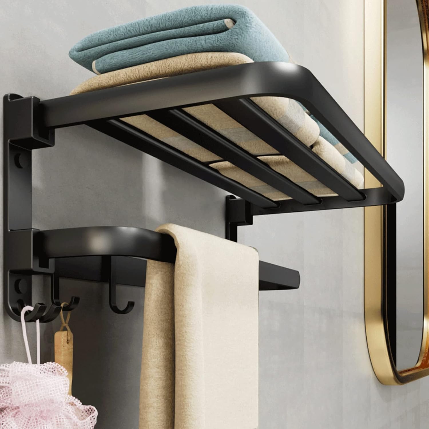 KAHANG 24-Inch Foldable Matte Black Bathroom Towel Rack