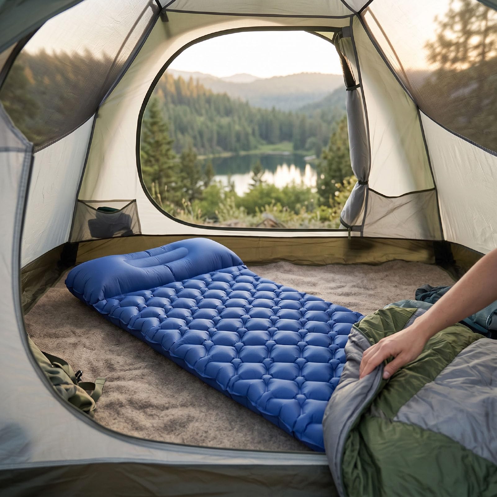 Cosiki Inflatable Sleeping Pad with Comfortable TPU Material | Wbudowana nadmuchiwana poduszka, idealna na kemping, obsługuje do 198 x 60 x 6 cm, przenośna w podróży