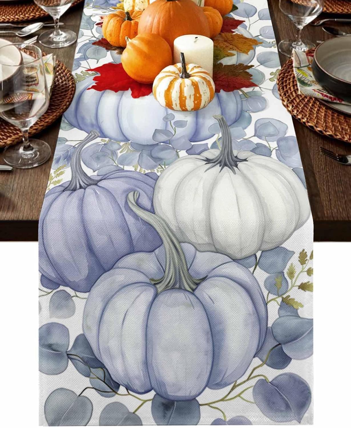 Fall Table Runner Autumn Thanksgiving Tablerunners 13x120inches, Table Decoration Tabletop Scarf for Fall Family Gathering Holiday Kitchen Dining Decor for Party, Pumpkin Eucalyptus Leaves Purple