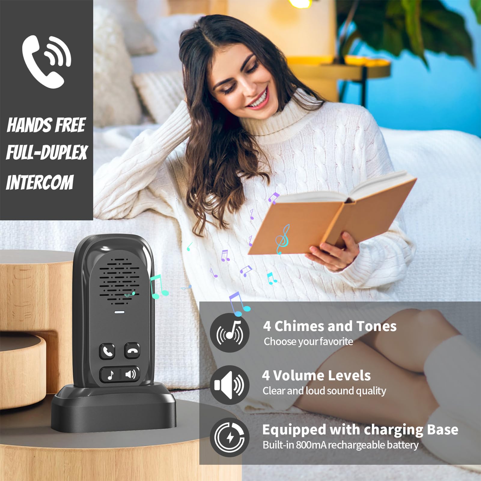 RF433 - Timbre de puerta inalámbrico con 1 sensor interior, rango de 980 pies, no requiere Internet, IP44, impermeable, en tiempo real, llamada de voz, timbre de puerta para casa, oficina,
