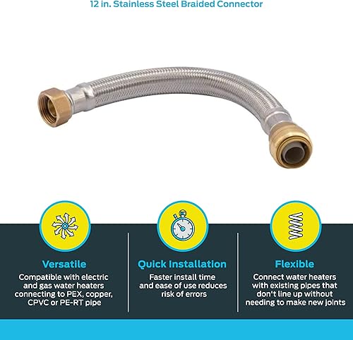 Miniatura 3 de SharkBite - Conector flexible para calentador de agua de 3/4 pulgadas x 3/4 pulgadas FIP x 12 pulgadas de acero inoxidable trenzado, conexión