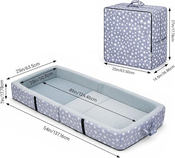 Portable Kids Travel Bed for toddler Foldable Foam Floor Mat with Raised Sides Washable Cover No Assembly for Sleepovers Home and Travel