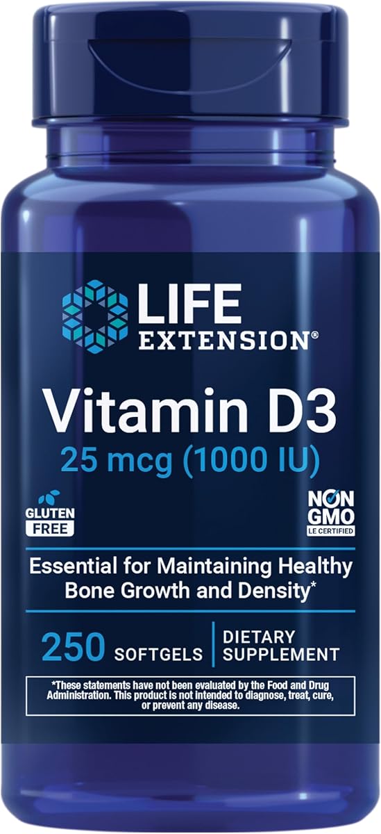Vitamina D3 25 mcg (1000 UI), Apoyo al sistema inmunológico, Salud ósea, Salud de todo el cuerpo, Tamaño de valor, Sin gluten, Sin OGM, 250 cápsulas blandas | Salud ósea, Salud cognitiva y Apoyo al sistema inmunológico, Sin gluten y Sin OGM, Una vez al día para un suministro de dos meses
