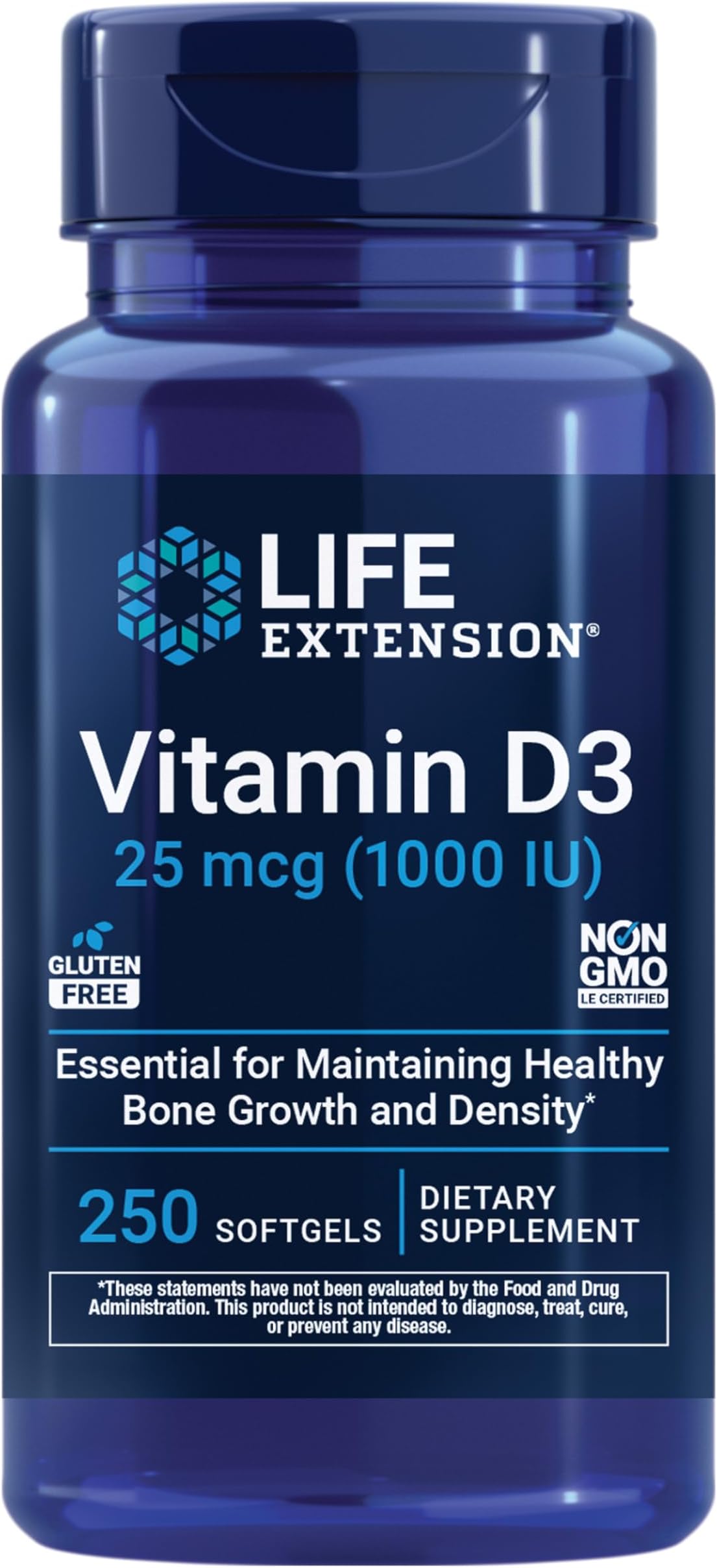 Life Extension Vitamin D3 25 mcg (1000 IU), Immune System Support, Bone Health, Whole-Body Health, Value Size, Gluten-Free, Non-GMO, 250 softgels