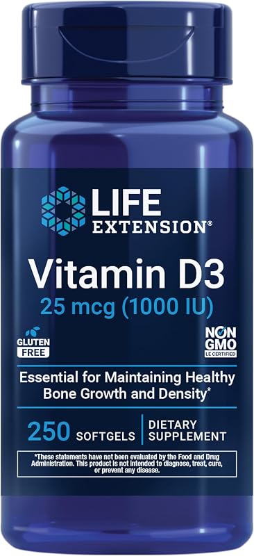 Vitamina D3 25 mcg (1000 UI), Apoyo al sistema inmunológico, Salud ósea, Salud de todo el cuerpo, Tamaño de valor, Sin gluten, Sin OGM, 250 cápsulas blandas | Salud ósea, Salud cognitiva y Apoyo al sistema inmunológico, Sin gluten y Sin OGM, Una vez al día para un suministro de dos meses