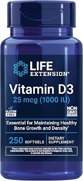 Life Extension Vitamin D3 25 mcg 1000 IU, Immune System Support, Bone Health, Whole-Body Health, Value Size, Gluten-Free, Non-GMO, 250 softgels