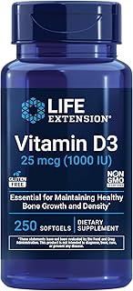 Life Extension Vitamin D3 25 mcg (1000 IU), Immune System Support, Bone Health, Whole-Body Health, Value Size, Gluten-Free, Non-GMO, 250 softgels