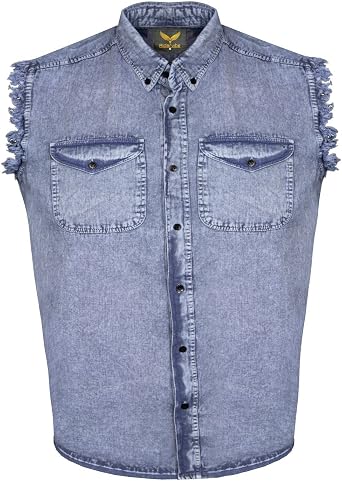 Mens Biker Cut-Off Cotton Shirt Stonewash Black/White OR Sky Blue Color