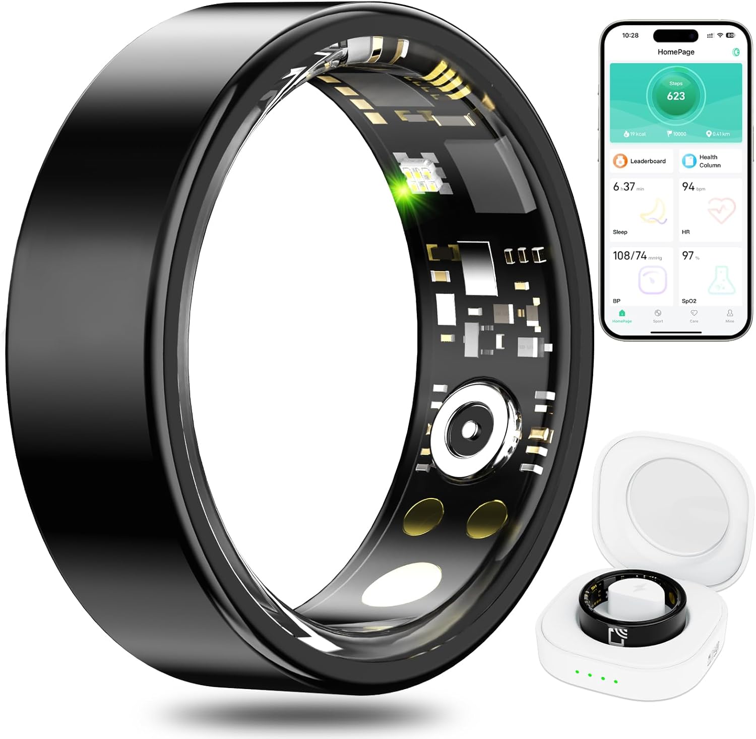 Smart Ring Health Tracker, Health Rings for Women & Men, Sleep Fitness Tracker Wearable, IP68 Waterproof, Compatible with iOS8.0 & Android5.1 (Ceramic Black, 9#)