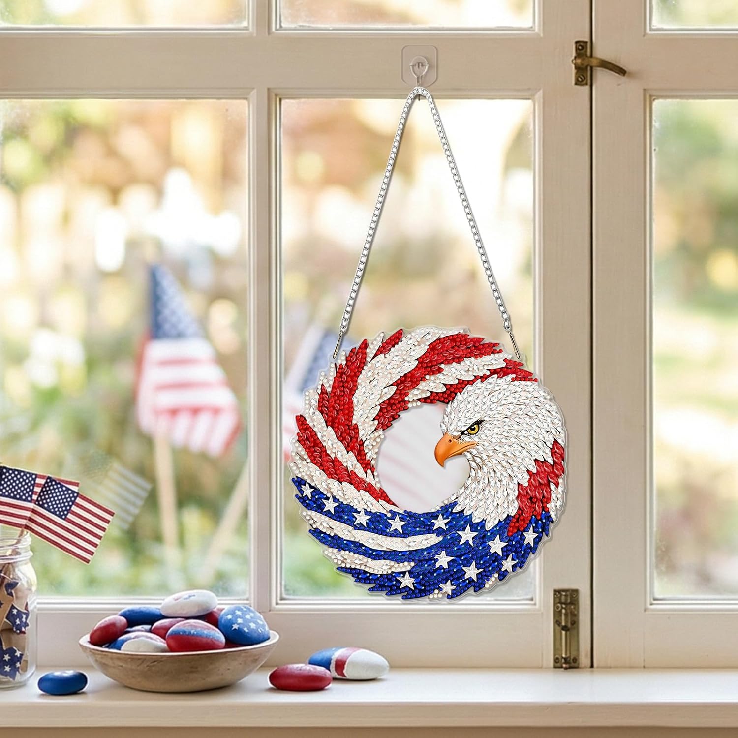 GHHKUD Diamond Art Hanging Stripes Eagle Kits for Adults, DIY 5D Diamond Art Craft Painting 4th of July Independence Day Painting Pendants for Window Home Garden