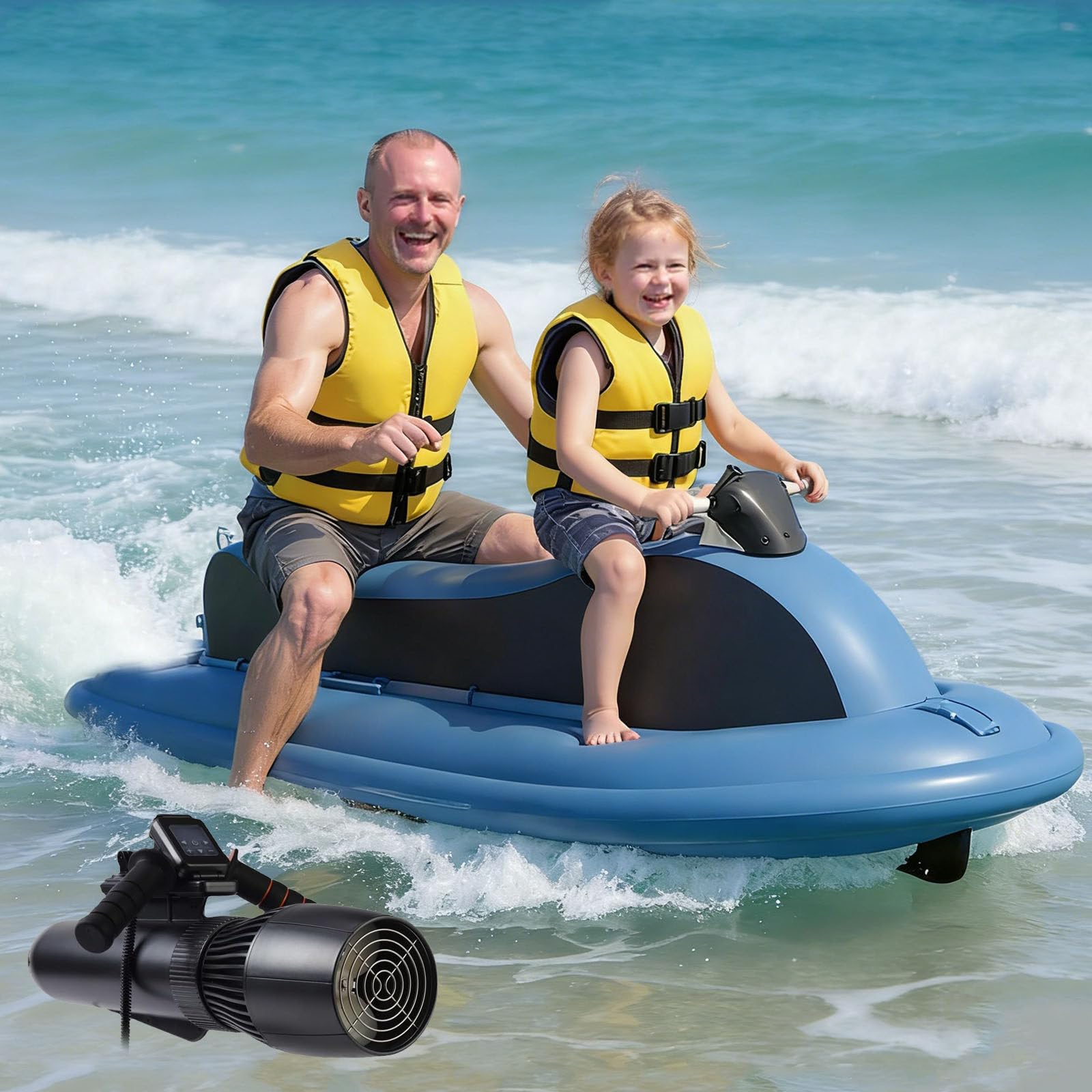 Jet Ski Gonflable 2 Places avec Moteur, Bateau électrique, Bateau Gonflable Pliable + Scooter sous-Marin 500 W, Télécommande 10 Vitesses, Utilisation Piscine, Lac Et Mer