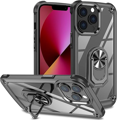 Funda para iPhone 13 Pro, placa trasera acrílica+TPU+diseño de agujero de cuerda, funda protectora para prevención de caídas, con anillo giratorio