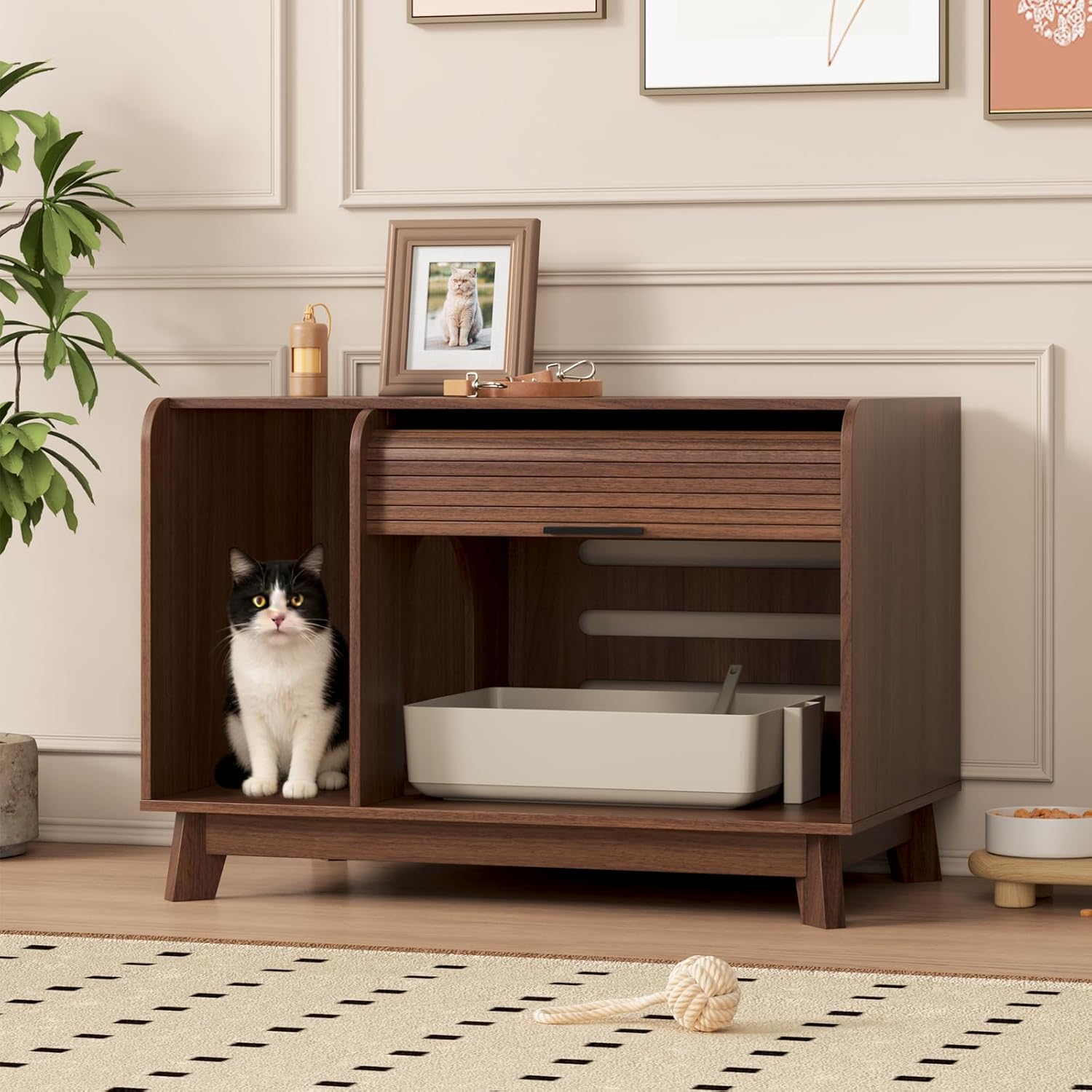 Halitaa Cat Litter Box Enclosure with Sliding Door, Modern Indoor Cat House, 31.5" Litter Box Enclosure Furniture Hidden Litter Box, Side End Table, TV Stand for Living Room, Walnut, Walnut