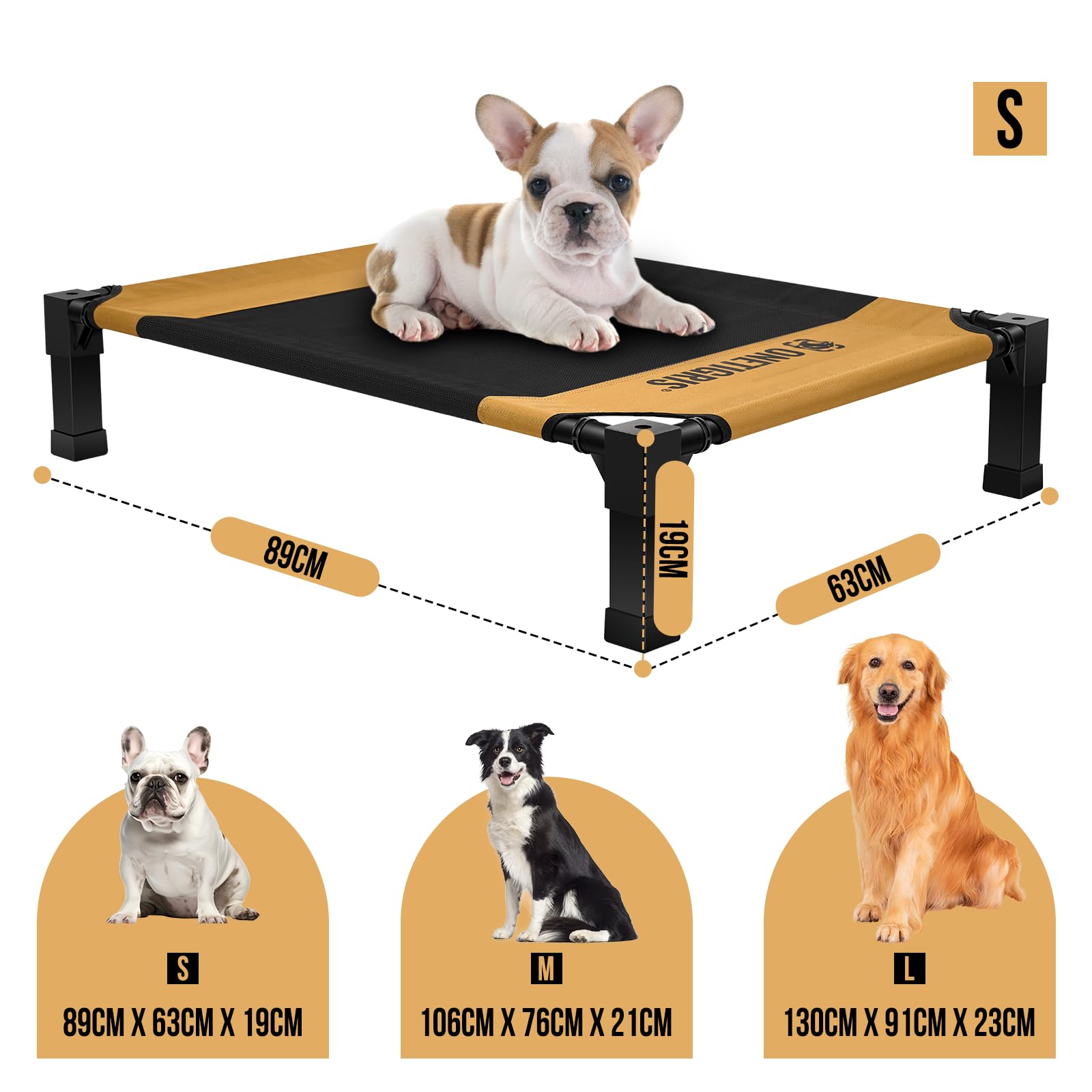 OneTigris Cama elevada para perros - 89x63 cm - Altura: 19 cm - Montaje fácil - Respirable - Duradera - Fácil de limpiar - Interior/patio/exterior - Marrón S