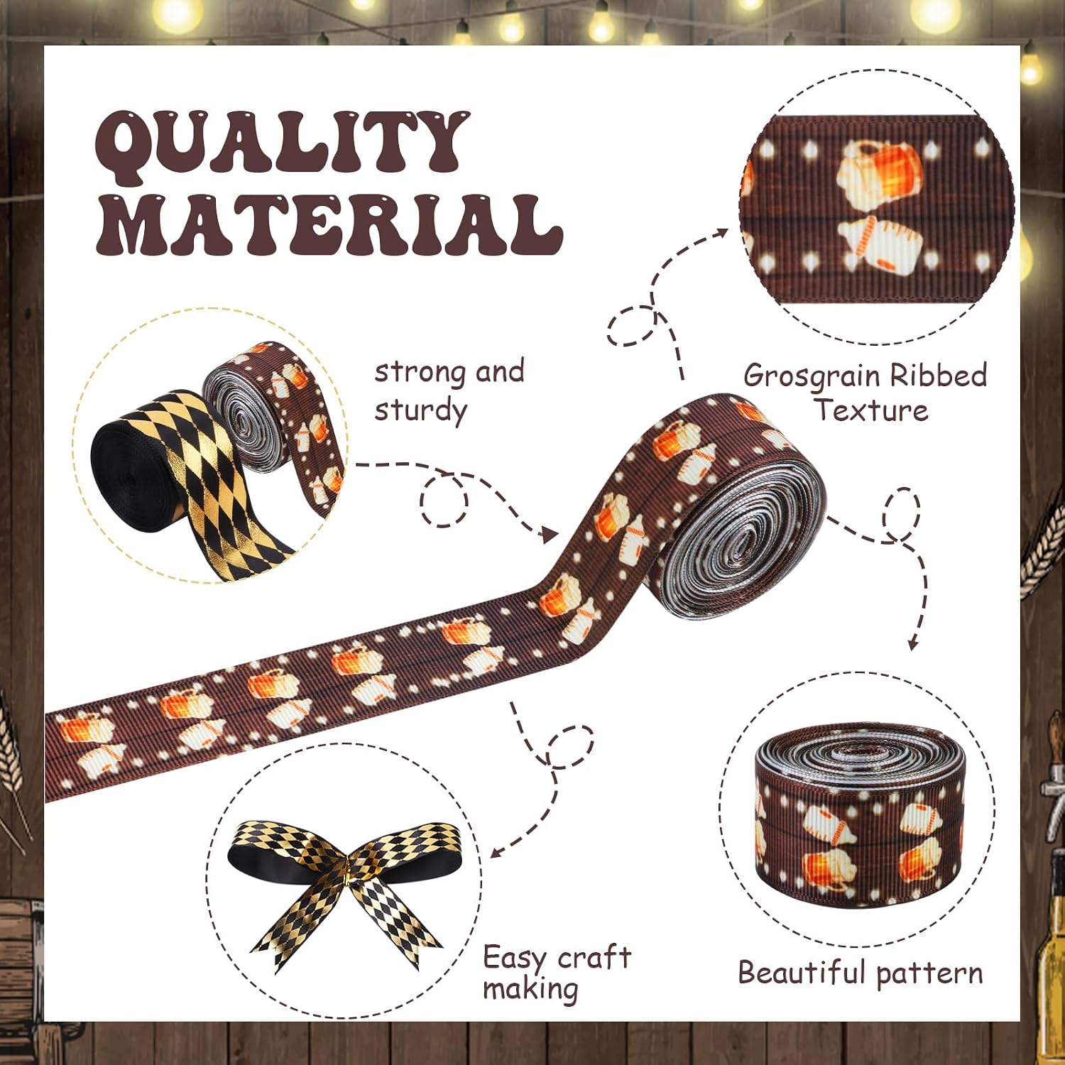 4 Rolls Beer Mug Theme Ribbons, 20 Yards Craft Ribbons for Wreath Hair Bow Wrapping Gifts Packing, Black Golden Grosgrain Ribbons Gender Reveal Birthday Wedding Party Home Accessory Decor image 5