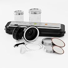 MEGAWISE Food Sealer w/Premium Kit with Accessory Hose for Wide and Regular Mouth Sealer, Dry & Moist Food Modes, Compact Design with 10 Vacuum Bags & 20 Mason Tin Lids. (Premium)