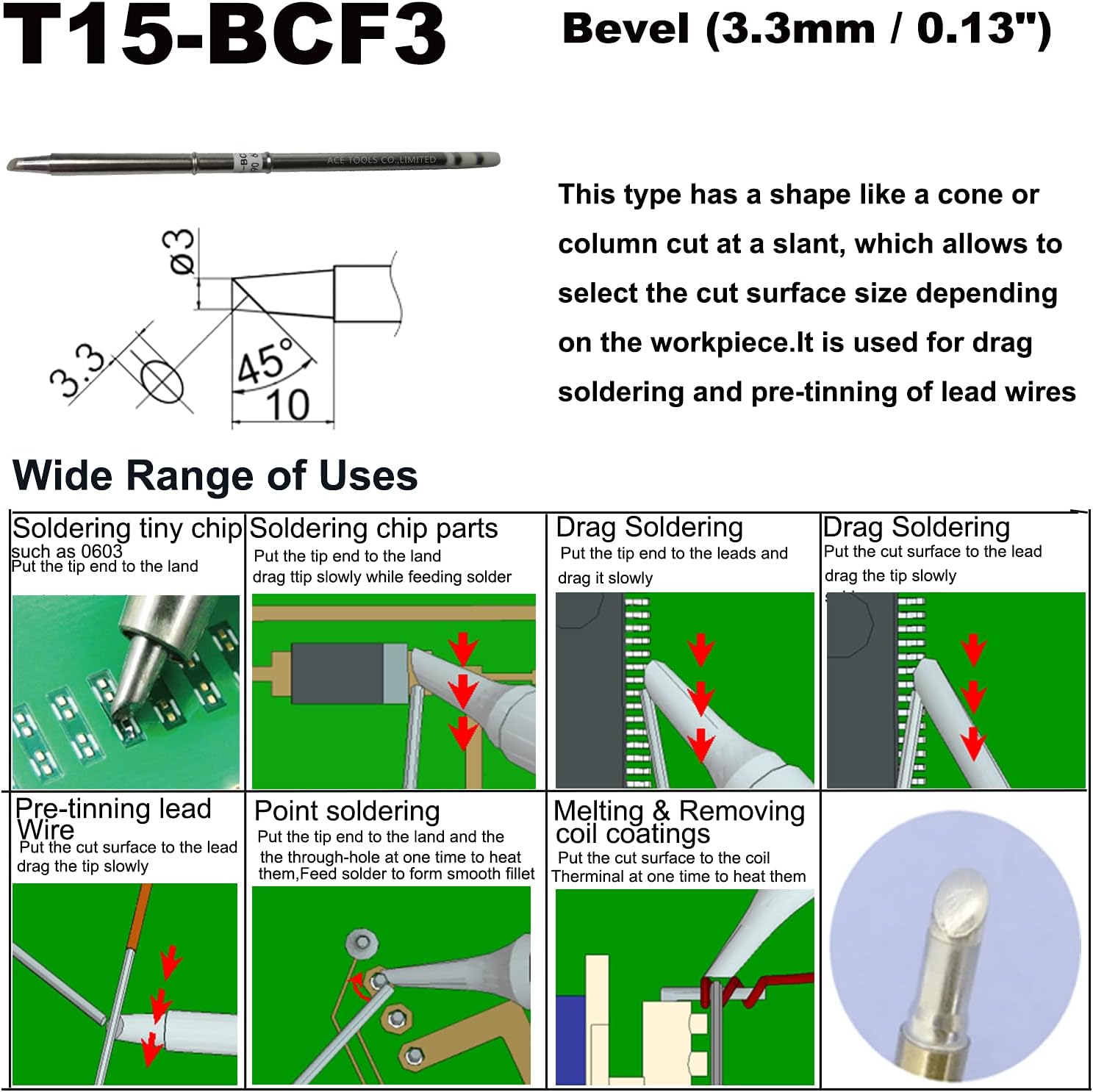 T15-BCF3 Bevel Single Flat 3.3mm Soldering Tip for FX-9501 FM-2028 FM-2027 FM-2021 FX-950 FX-951 FX-952 FM-202 FM-203 FM-204 FM-206 ACE Tips (10)