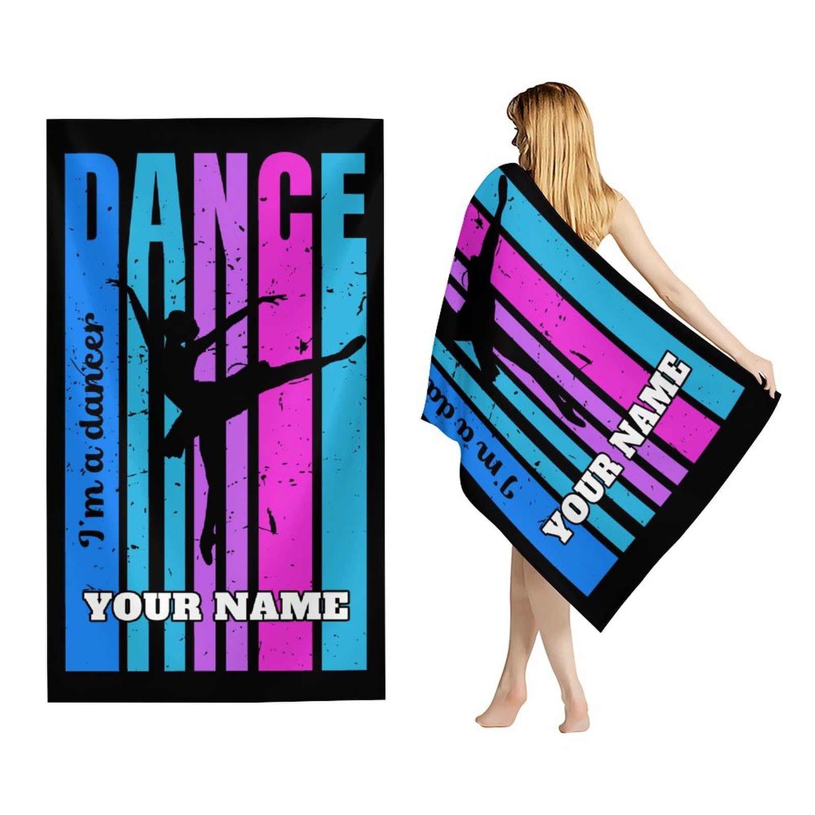 NICEFORNICE Custom Towels with Name - 30" x 60" Large Dance Quick Dry Swimming Towels for Beach, Travel, Camping - Lightweight Sandproof Beach