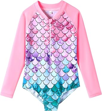 Girls Long Sleeve Swimsuit Zipper Rash Guard One Piece Bathing Suits UPF 50+ Sun Protection Swimwear 2-10 Years