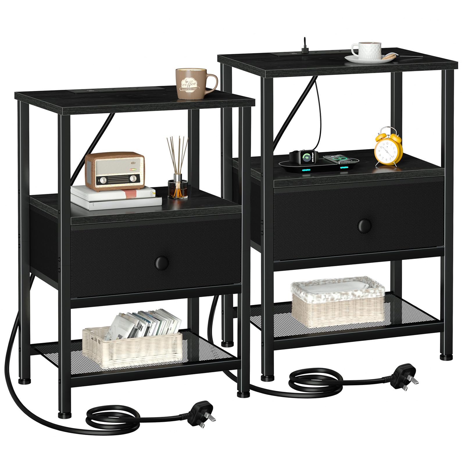AMHANCIBLE Bedside Table Set of 2 with Charging Station, Nightstand with Fabric Drawer, Small Side Table with Open Storage Shelf, Bedside Cabinets for Living Room, Bedroom, Small Space Black HETS010BK
