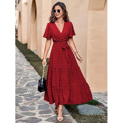 Snapklik.com : MASCOMODA Women Boho Swiss Dot Maxi Dresses Wrap V Neck  Flutter Short Sleeve Solid Tie Waist A Line Tiered Flowy Long Dress