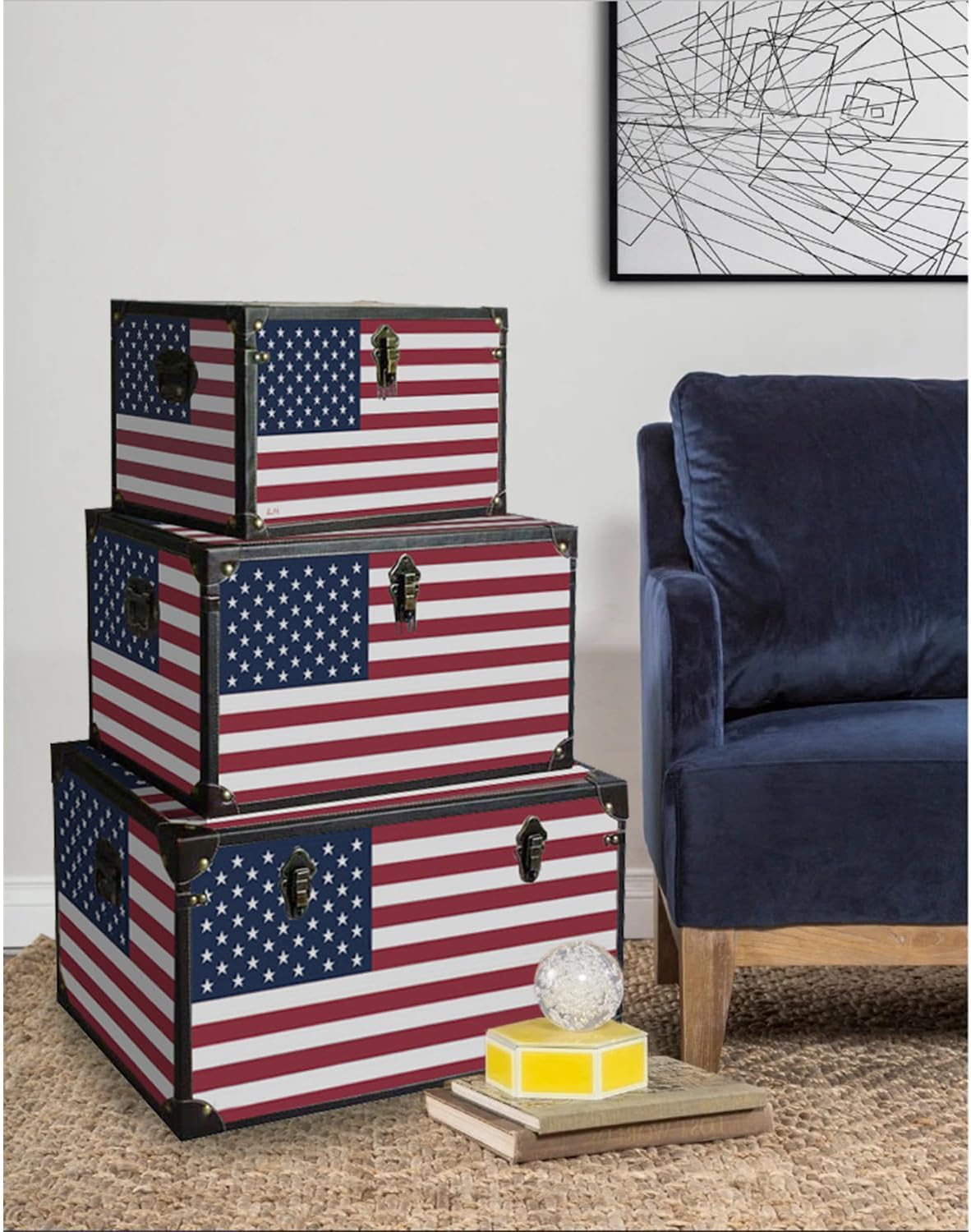 Canvas Storage Trunk Decorative Wood Chest for Home Organization